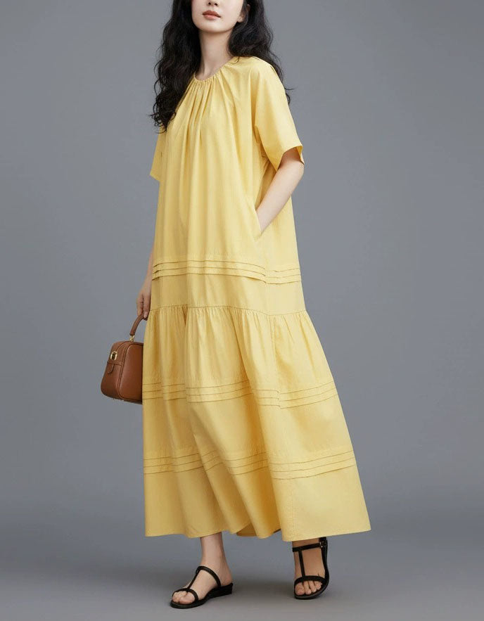 Boho Yellow Cotton Maxi Dress Loose Fit for Women