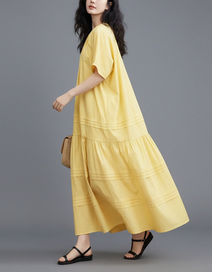 Vintage Yellow Cotton Maxi Dress for Women Summer Wear