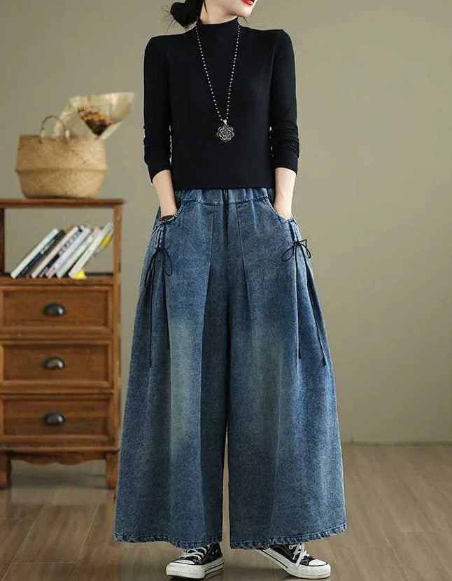 Vintage Loose Side Tie Wide Leg Denim Jeans - Islinen