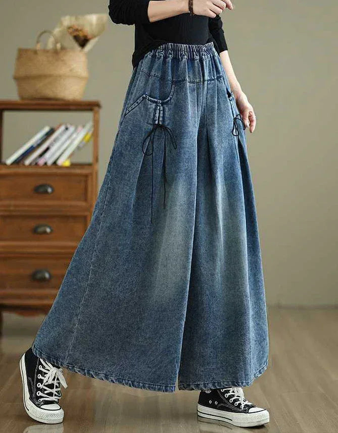 Vintage Loose Side Tie Wide Leg Denim Jeans - Islinen