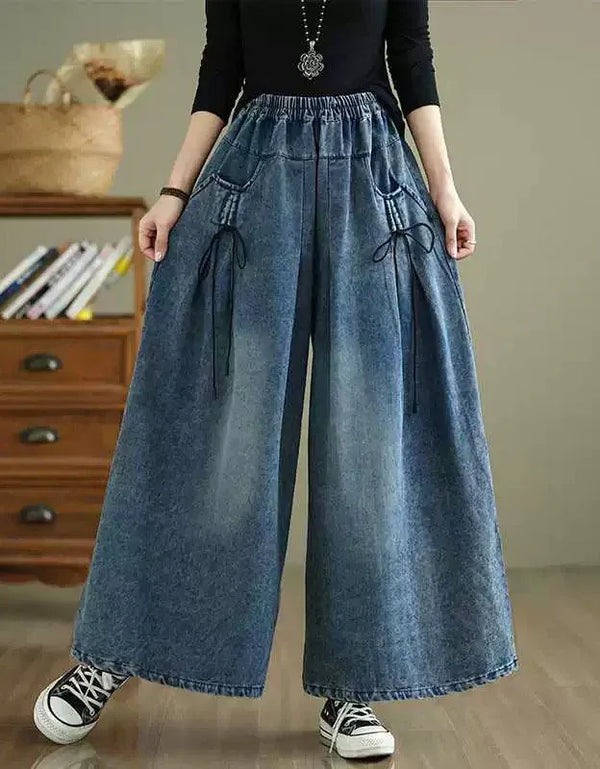 Vintage Loose Side Tie Wide Leg Denim Jeans - Islinen
