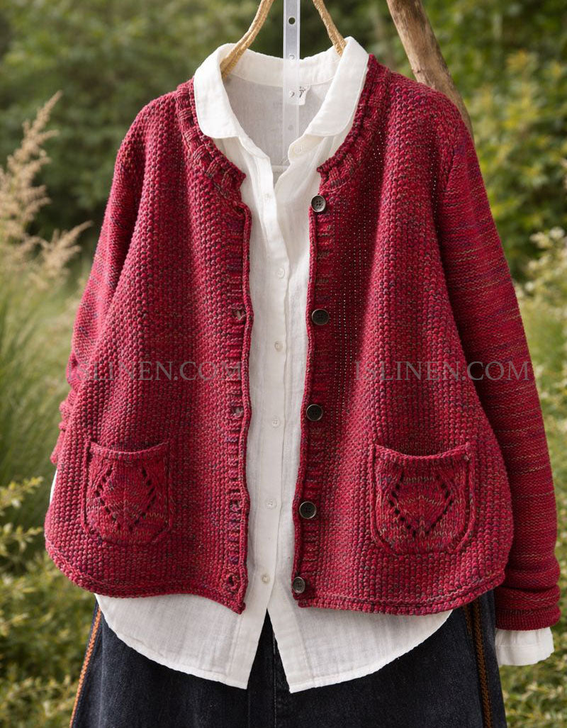 Relaxed fit knitted cardigan women casual sweater layering red