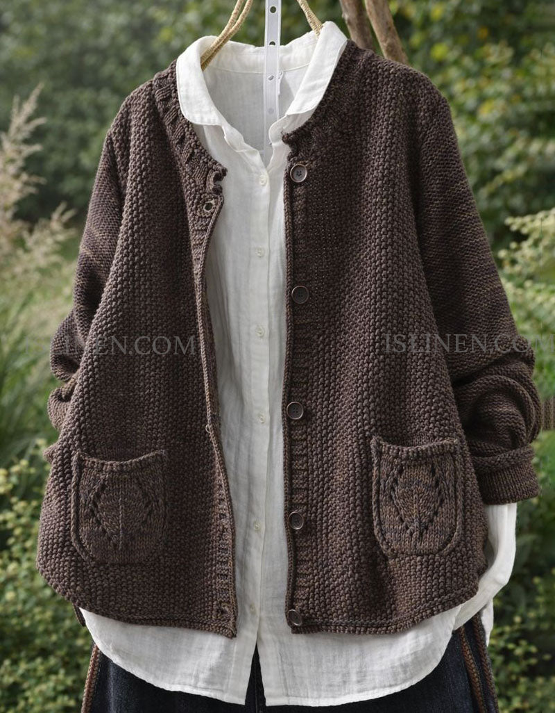 Relaxed fit knitted cardigan women casual sweater layering coffee