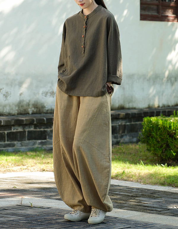 Vintage Mandarin Collar Long Sleeve Linen Shirt