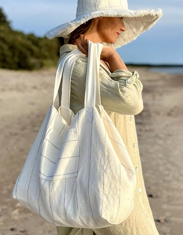 Women Striped Canvas Tote Bag Large Shoulder Bag