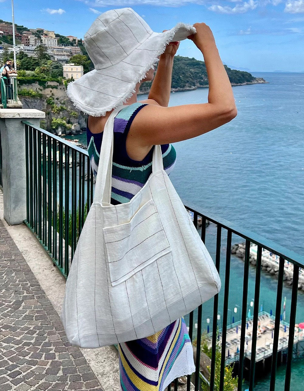 Minimalist Striped Cotton Linen Shopper Tote Bag