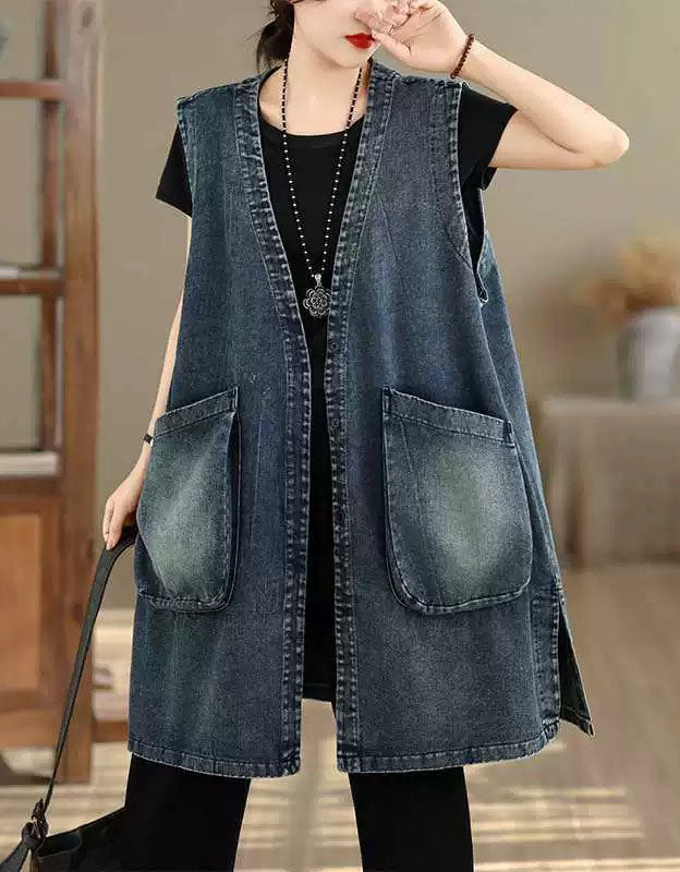 Women's Long Denim Utility Vest with Large Patch Pockets