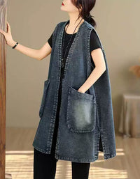 Women's Vintage Sleeveless Denim Duster Vest Jacket