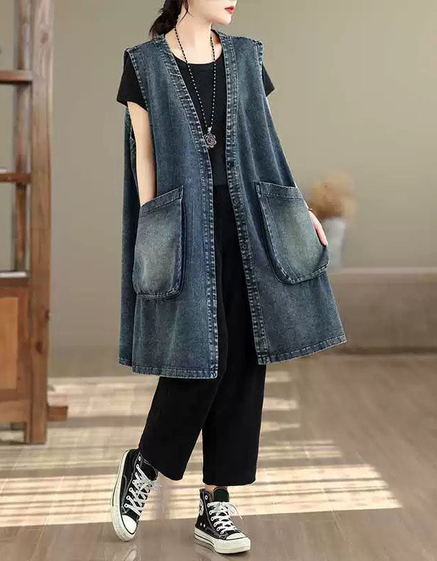 Women's Oversized Vintage Denim Open Front Vest with Pockets