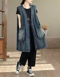 Women's Oversized Vintage Denim Open Front Vest with Pockets