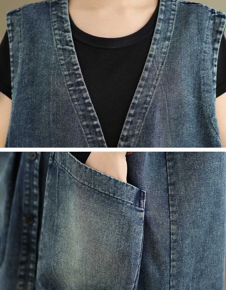 Women's Washed Blue Denim Longline Open Front Vest