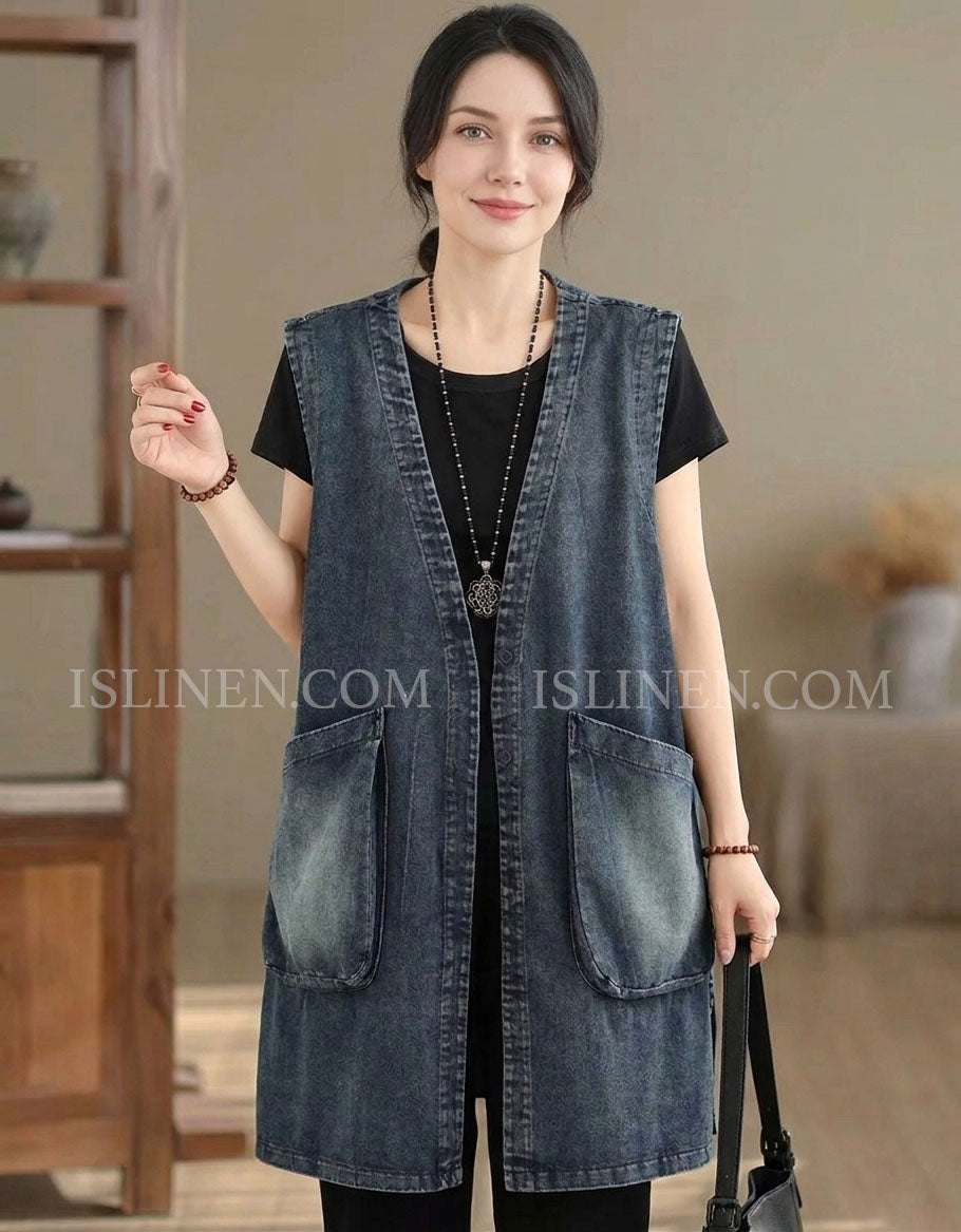 Women's Casual Sleeveless Washed Denim Long Vest Jacket