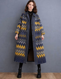 Front view of stylish women's denim coat with zigzag pattern