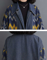 Vintage Oversized Zigzag Long Denim Coat for Women