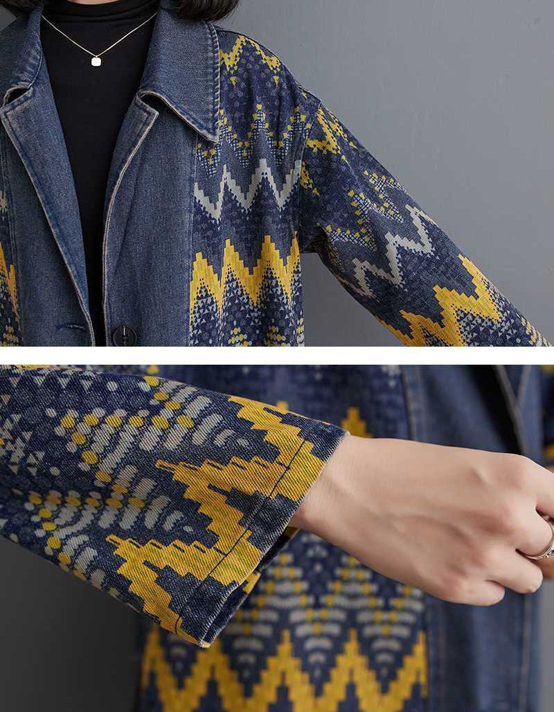 Close-up of zigzag pattern denim coat for women