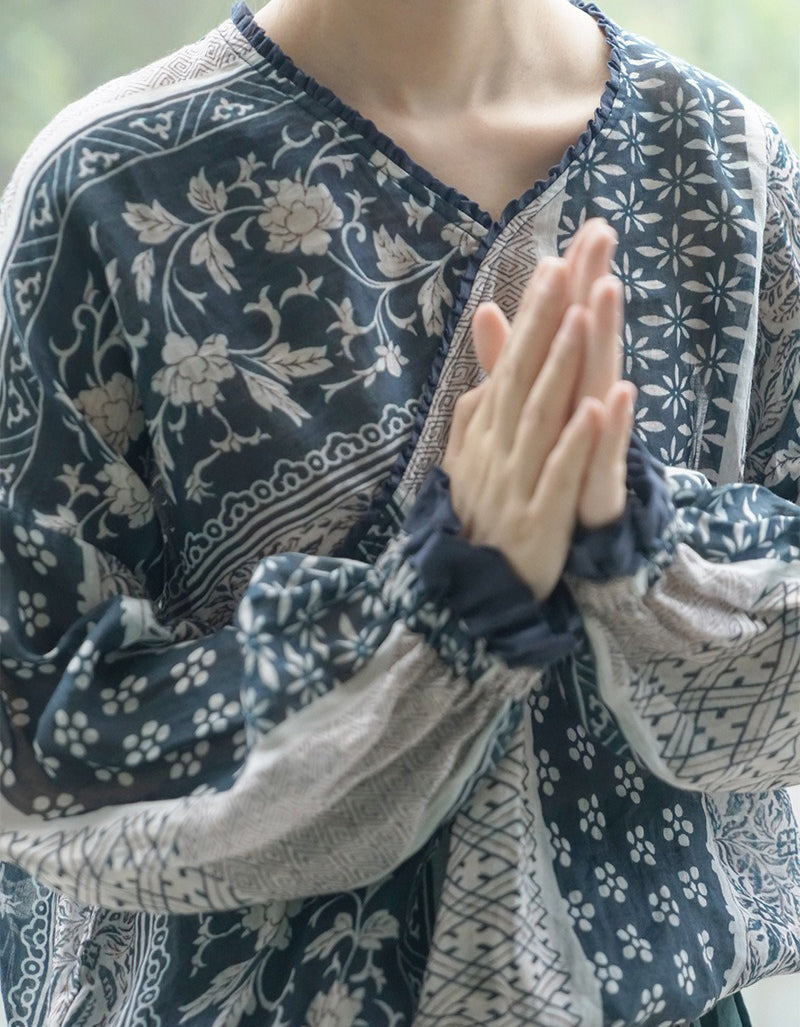 Vintage Patchwork Long Sleeve V-Neck Shirt