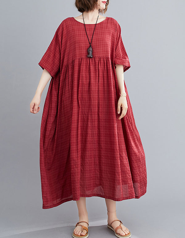 Vintage Plaid Cotton Linen Oversized Dress
