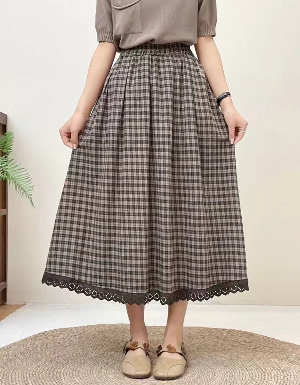 Vintage Plaid Lace Hem Cotton Linen Skirt