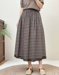 Vintage Plaid Lace Hem Cotton Linen Skirt