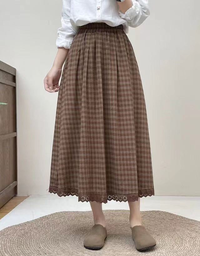 Vintage Plaid Lace Hem Cotton Linen Skirt