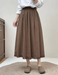 Vintage Plaid Lace Hem Cotton Linen Skirt