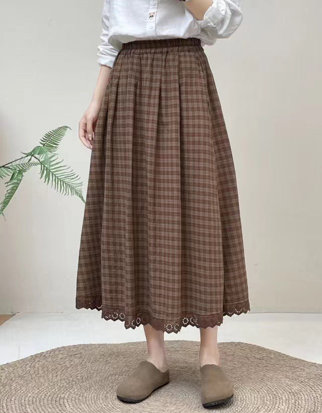 Vintage Plaid Lace Hem Cotton Linen Skirt