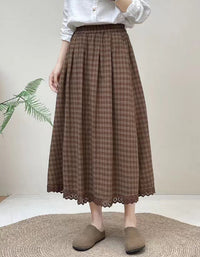 Vintage Plaid Lace Hem Cotton Linen Skirt
