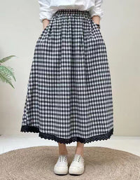 Vintage Plaid Lace Hem Cotton Linen Skirt
