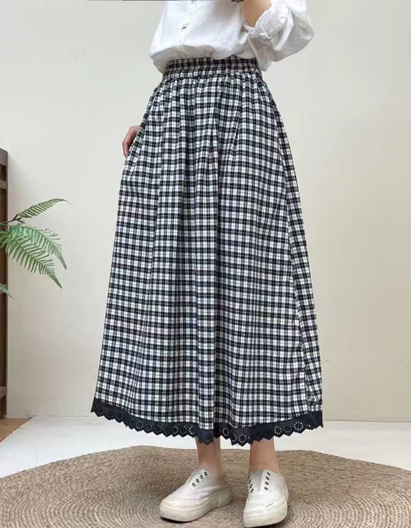 Vintage Plaid Lace Hem Cotton Linen Skirt
