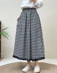 Vintage Plaid Lace Hem Cotton Linen Skirt