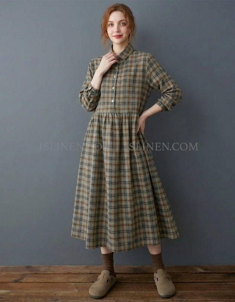 Women’s Plaid Midi Shirt Dress – Casual Autumn Style