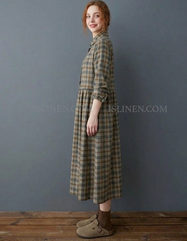 Side View of Women’s Plaid Midi Shirt Dress – Casual Autumn Style
