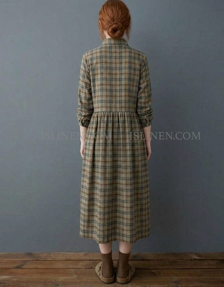 Back View of Women’s Plaid Midi Shirt Dress – Casual Autumn Style