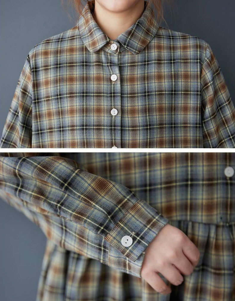 Vintage Plaid Shirt Dress – Collared Long Sleeve Midi