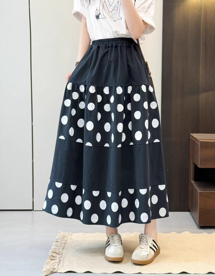 Vintage Polka Dot Cotton Linen Maxi Skirt