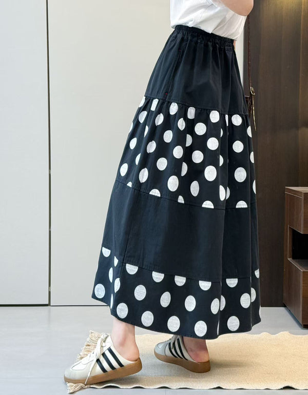 Vintage Polka Dot Cotton Linen Maxi Skirt