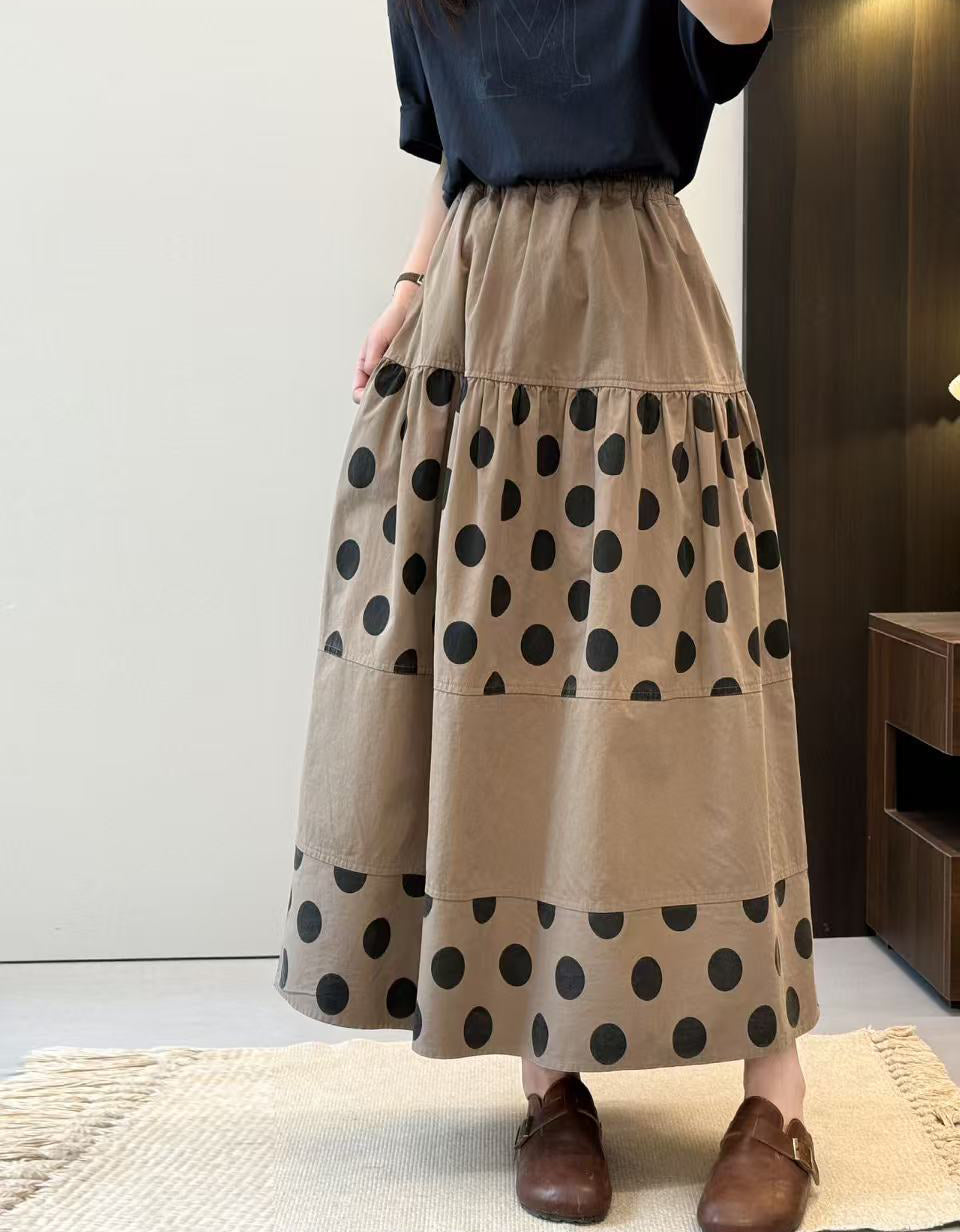Vintage Polka Dot Cotton Linen Maxi Skirt