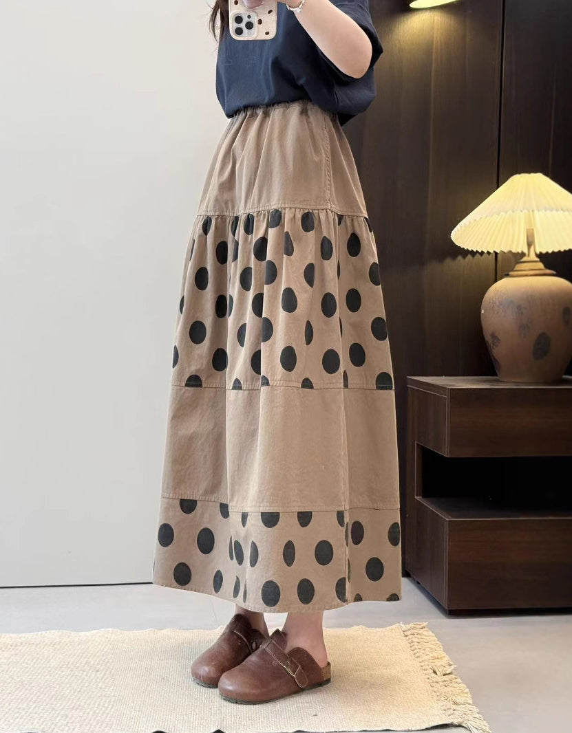 Vintage Polka Dot Cotton Linen Maxi Skirt