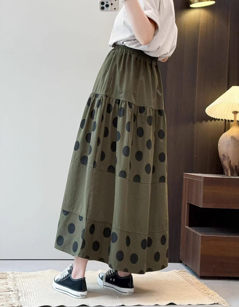 Vintage Polka Dot Cotton Linen Maxi Skirt