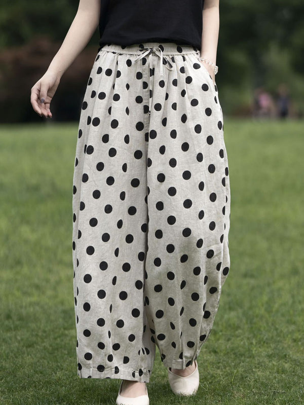 Vintage Polka Dot Cotton Linen Wide Leg Pants