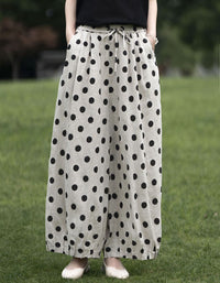 Vintage Polka Dot Cotton Linen Wide Leg Pants