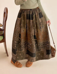 Khaki polka dot A-line midi skirt with elastic waist, front view