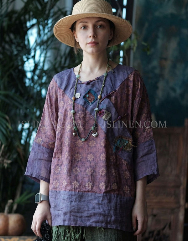 Vintage Purple Floral Linen Patchwork Blouse Women