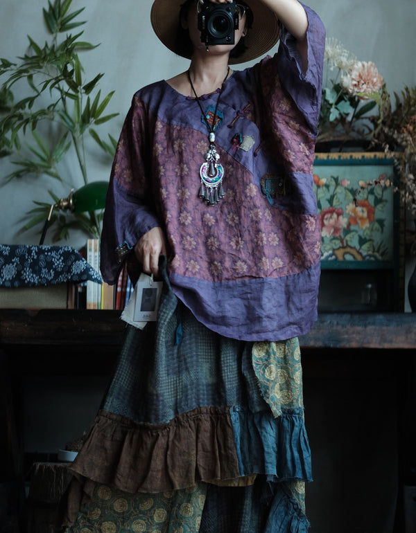 Boho Patchwork Linen Top with Floral Print for Women