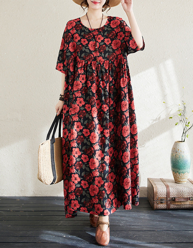 Vintage Red Floral Loose Fit Summer Cotton Linen Maxi Dress