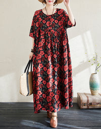 Vintage Red Floral Loose Fit Summer Cotton Linen Maxi Dress