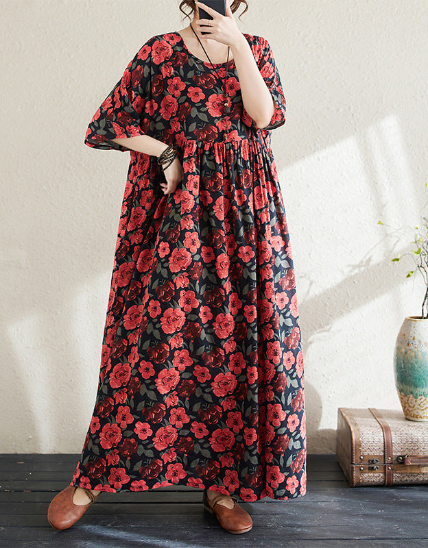Vintage Red Floral Loose Fit Summer Cotton Linen Maxi Dress