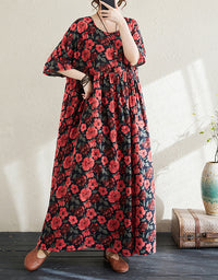 Vintage Red Floral Loose Fit Summer Cotton Linen Maxi Dress