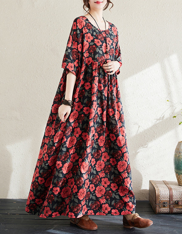 Vintage Red Floral Loose Fit Summer Cotton Linen Maxi Dress
