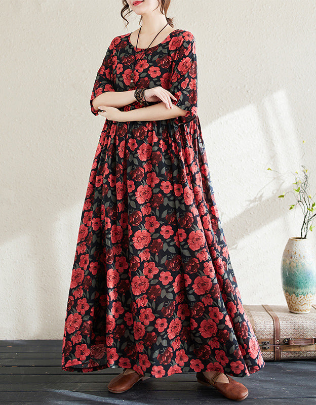 Vintage Red Floral Loose Fit Summer Cotton Linen Maxi Dress